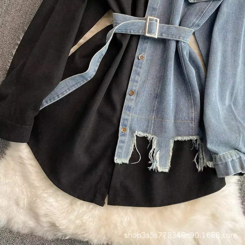 Slimming Denim Patchwork Lapel Tunic Autumn Waist-fitted Medium-length Shirt