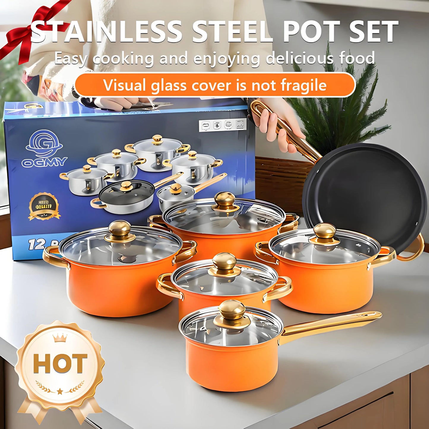 Red Cookware Set, 12-Piece, Stainless Steel, Non-Stick, Kitchen Cookware Collection