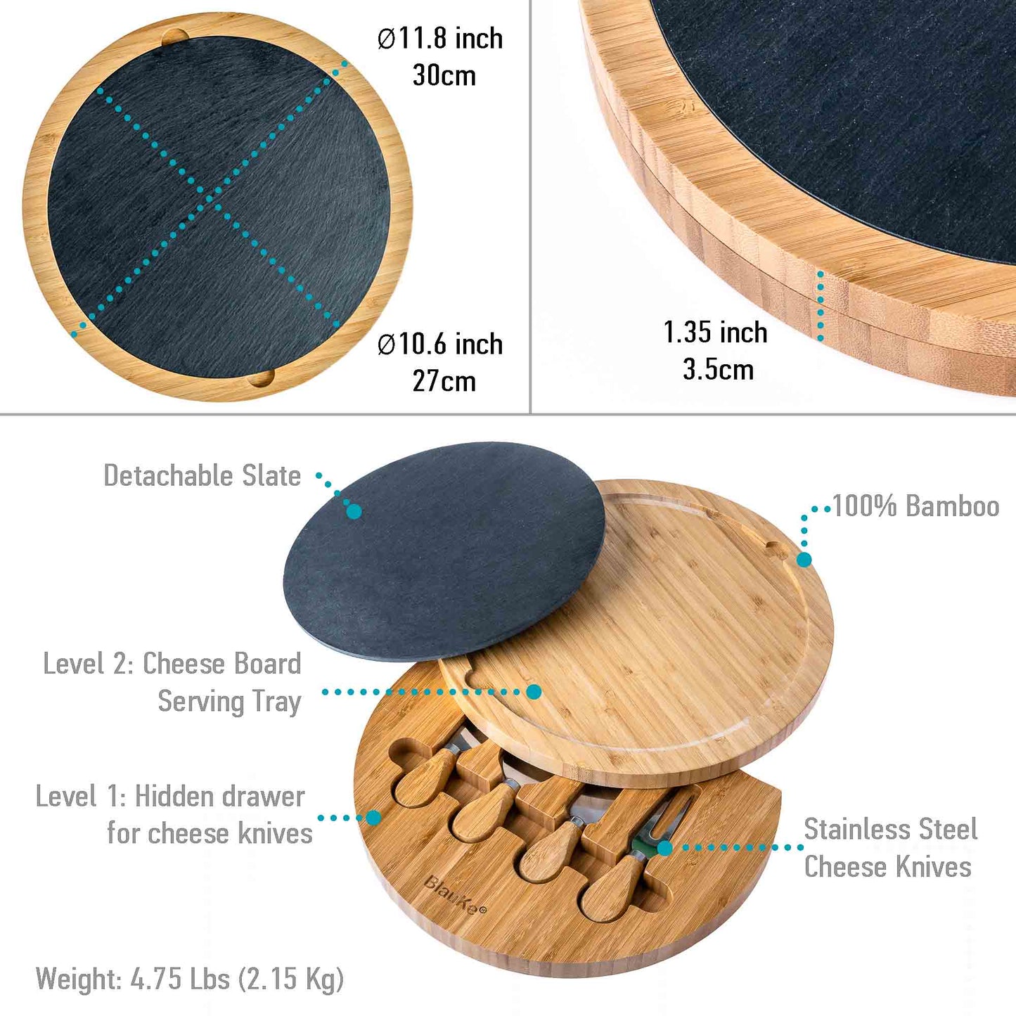 12" Round Bamboo Cheese & Charcuterie Board With Knife Set and Removable Slate