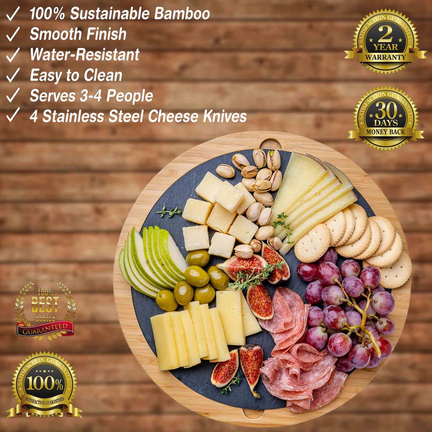 12" Round Bamboo Cheese & Charcuterie Board With Knife Set and Removable Slate
