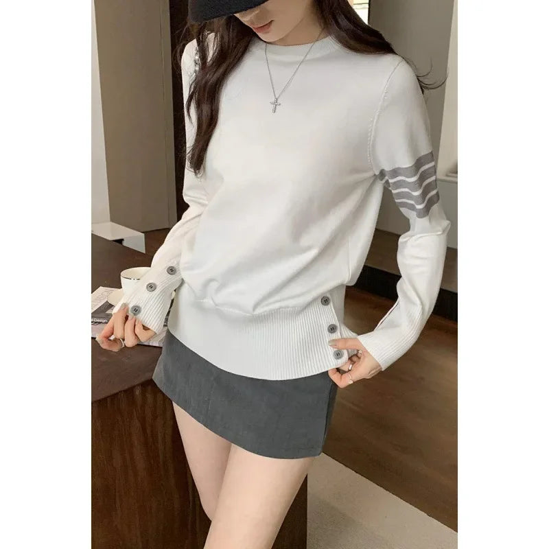 Women's Knitted Top 2024 Autumn/Winter New Style Sleeve Opening Waist-Fitted Loose-Fit T-Shirt Glue Fiber Material