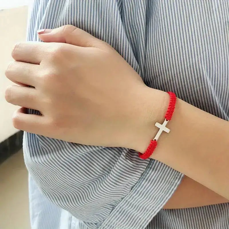 2024 Fashion Couple Friendship Cross Bracelet Women Men Stainless Steel Cross Hand Rope Personalized Jewelry Set Graduation Gift