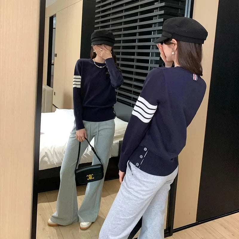 Women's Knitted Top 2024 Autumn/Winter New Style Sleeve Opening Waist-Fitted Loose-Fit T-Shirt Glue Fiber Material