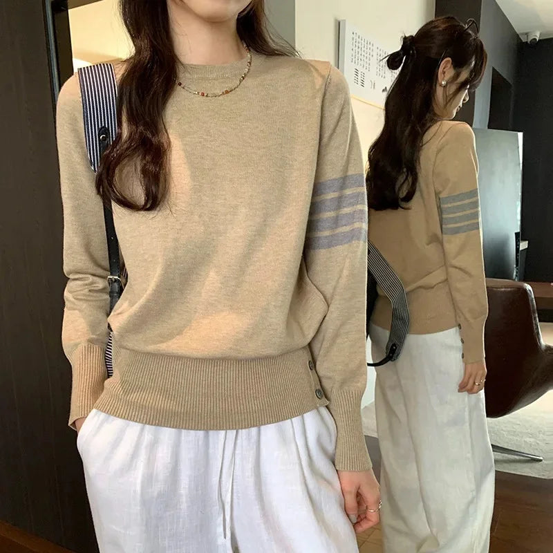 Women's Knitted Top 2024 Autumn/Winter New Style Sleeve Opening Waist-Fitted Loose-Fit T-Shirt Glue Fiber Material