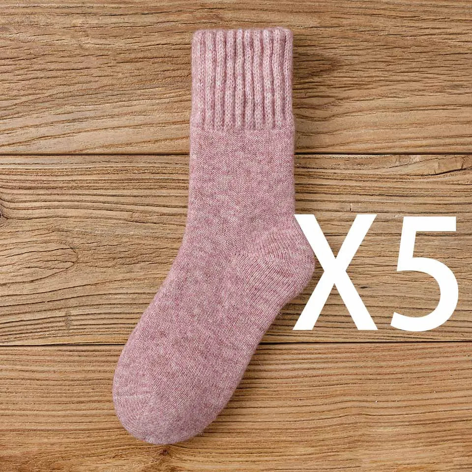 Winter Women's Thick Warm Merino Wool Socks Harajuku Retro Cold Resistant Fashion Casual Solid Color Cashmere Socks 5 Pair