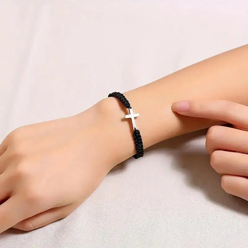 2024 Fashion Couple Friendship Cross Bracelet Women Men Stainless Steel Cross Hand Rope Personalized Jewelry Set Graduation Gift