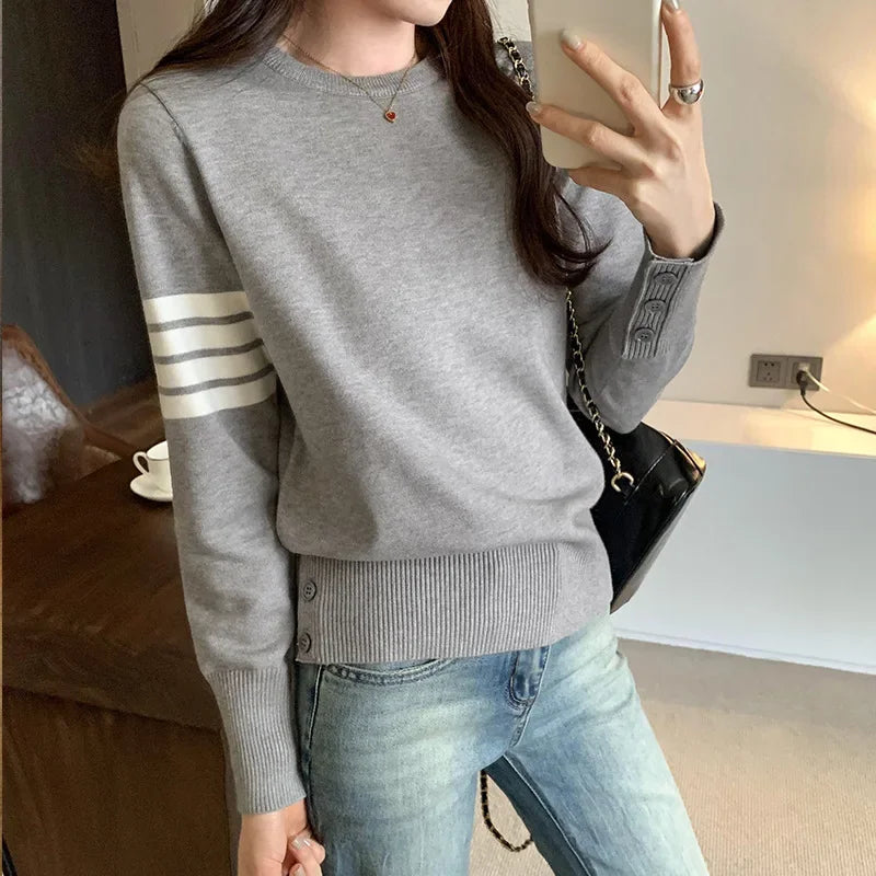 Women's Knitted Top 2024 Autumn/Winter New Style Sleeve Opening Waist-Fitted Loose-Fit T-Shirt Glue Fiber Material
