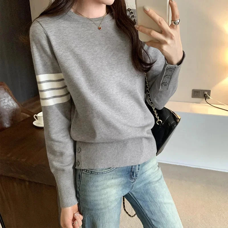 Women's Knitted Top 2024 Autumn/Winter New Style Sleeve Opening Waist-Fitted Loose-Fit T-Shirt Glue Fiber Material