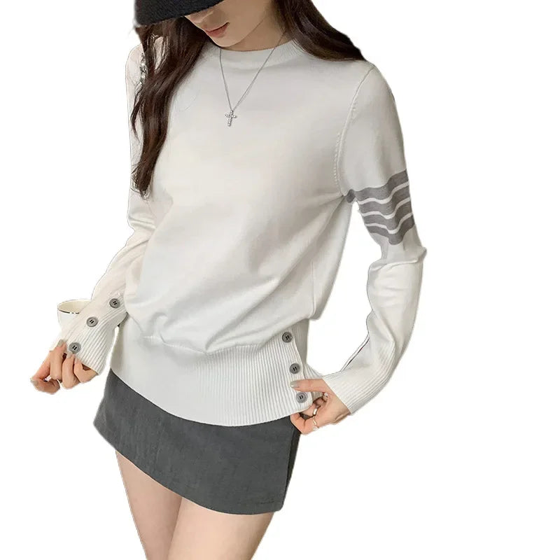 Women's Knitted Top 2024 Autumn/Winter New Style Sleeve Opening Waist-Fitted Loose-Fit T-Shirt Glue Fiber Material