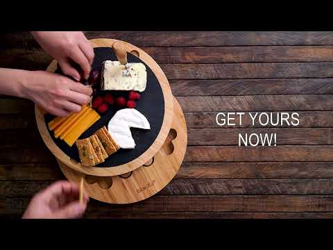 12" Round Bamboo Cheese & Charcuterie Board With Knife Set and Removable Slate