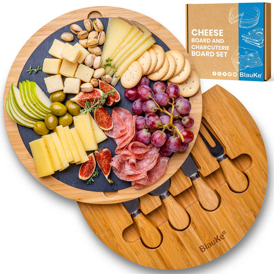 12" Round Bamboo Cheese & Charcuterie Board With Knife Set and Removable Slate