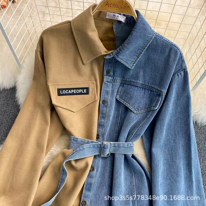 Slimming Denim Patchwork Lapel Tunic Autumn Waist-fitted Medium-length Shirt