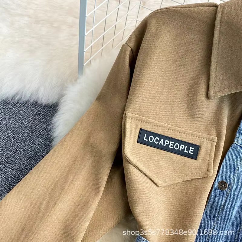 Slimming Denim Patchwork Lapel Tunic Autumn Waist-fitted Medium-length Shirt