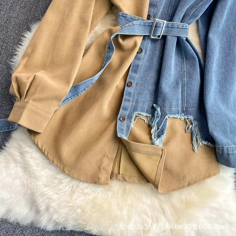 Slimming Denim Patchwork Lapel Tunic Autumn Waist-fitted Medium-length Shirt