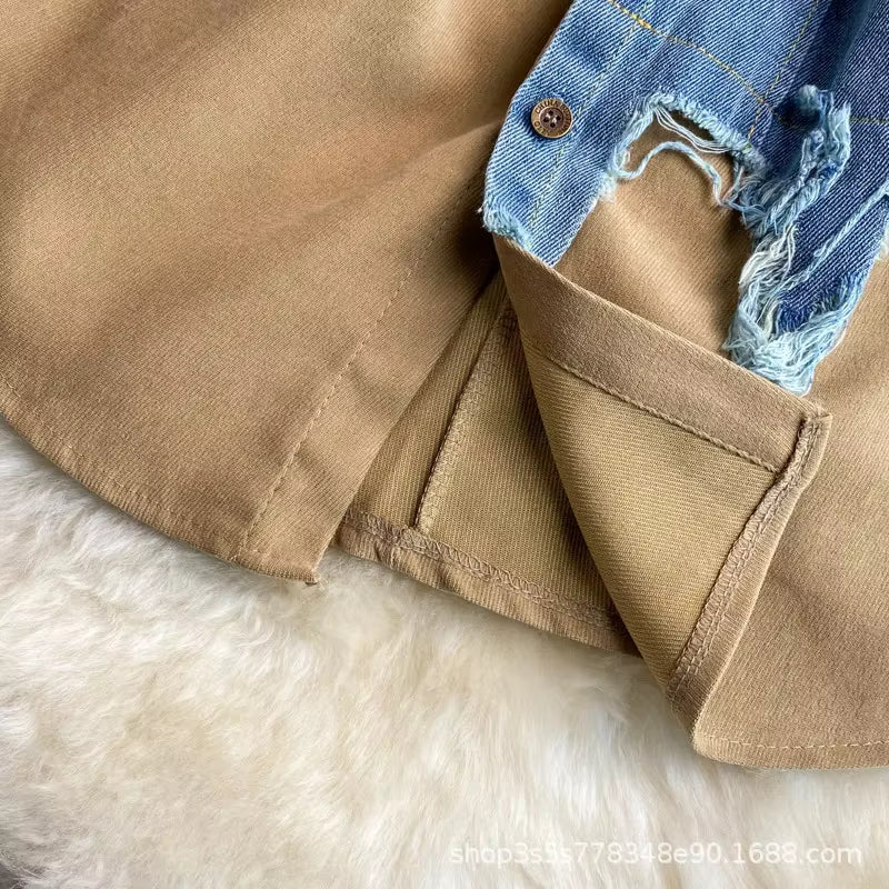 Slimming Denim Patchwork Lapel Tunic Autumn Waist-fitted Medium-length Shirt