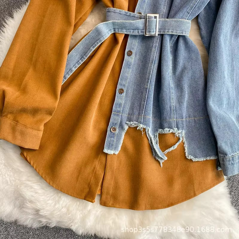 Slimming Denim Patchwork Lapel Tunic Autumn Waist-fitted Medium-length Shirt