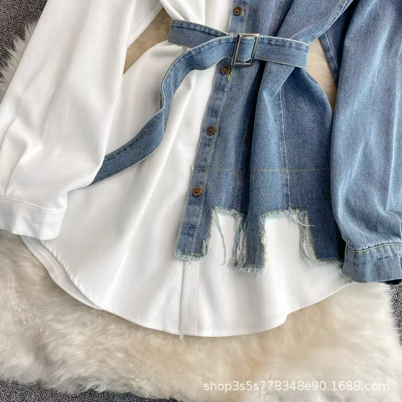Slimming Denim Patchwork Lapel Tunic Autumn Waist-fitted Medium-length Shirt