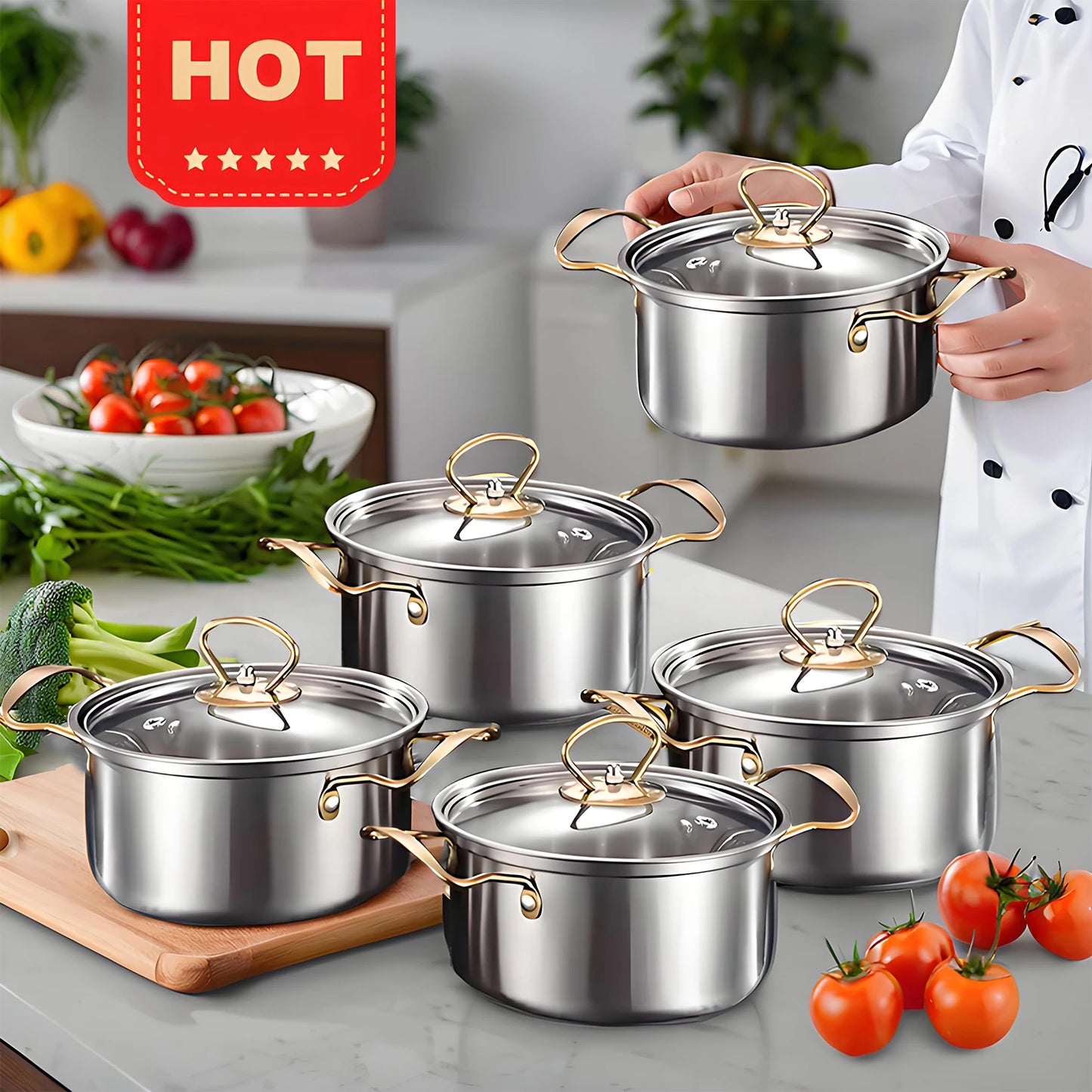 Red Cookware Set, 12-Piece, Stainless Steel, Non-Stick, Kitchen Cookware Collection