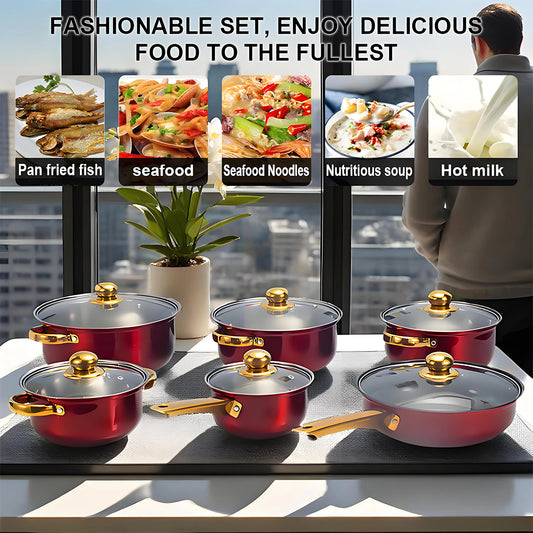Red Cookware Set, 12-Piece, Stainless Steel, Non-Stick, Kitchen Cookware Collection