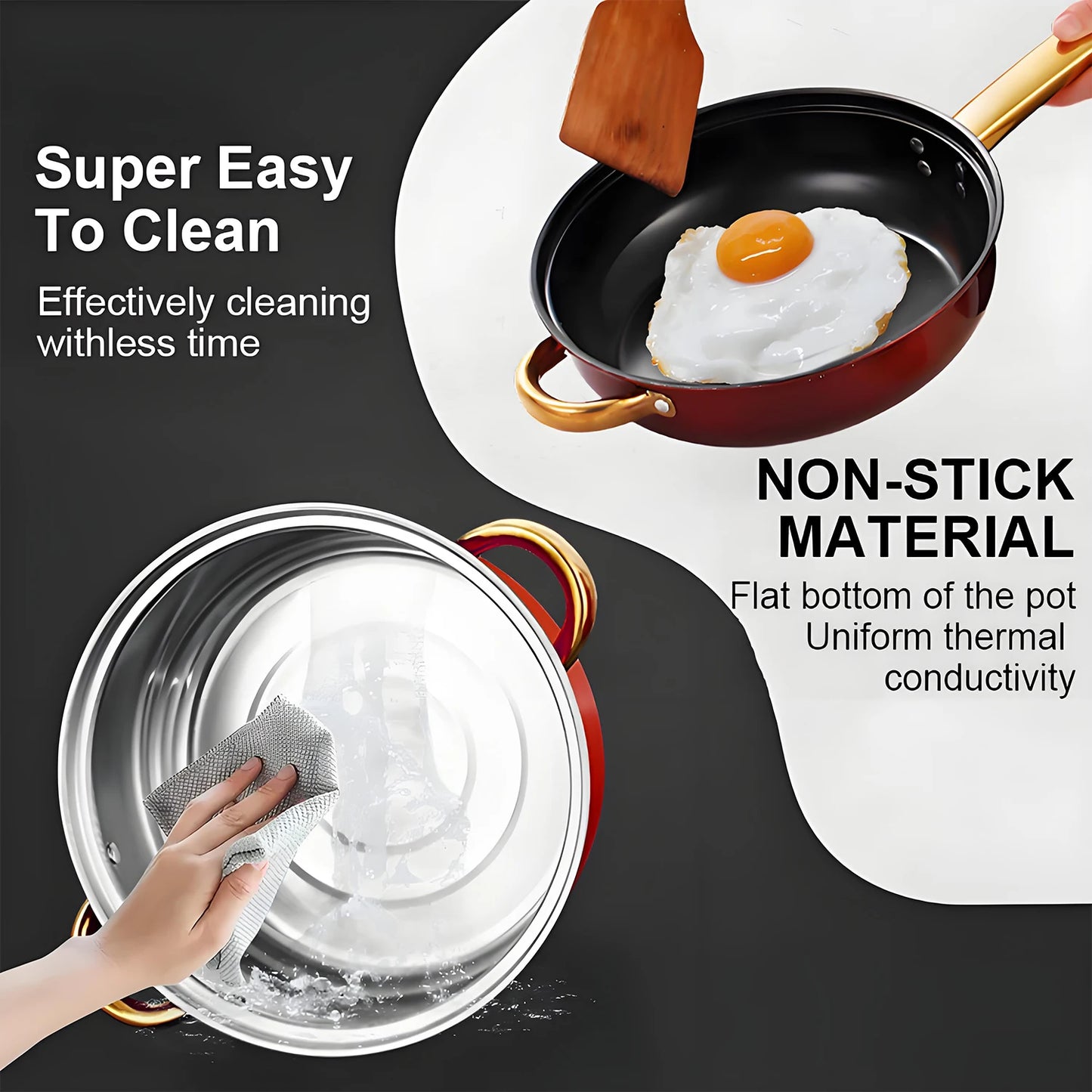 Red Cookware Set, 12-Piece, Stainless Steel, Non-Stick, Kitchen Cookware Collection