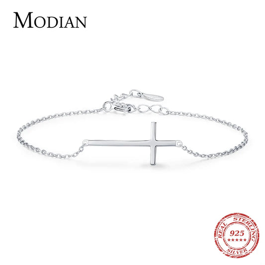 Modian 100% 925 Sterling Silver Classic Simple Cross Religious Adjustable Bracelets Chain For Women Fine Jewelry Accessories