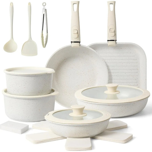 20 Pcs Ceramic Cookware Set Non Stick Frying Pots and Pans Set Non Toixic Cookware-PFAS/PFOA/PTFE Free, with Removable Handle for