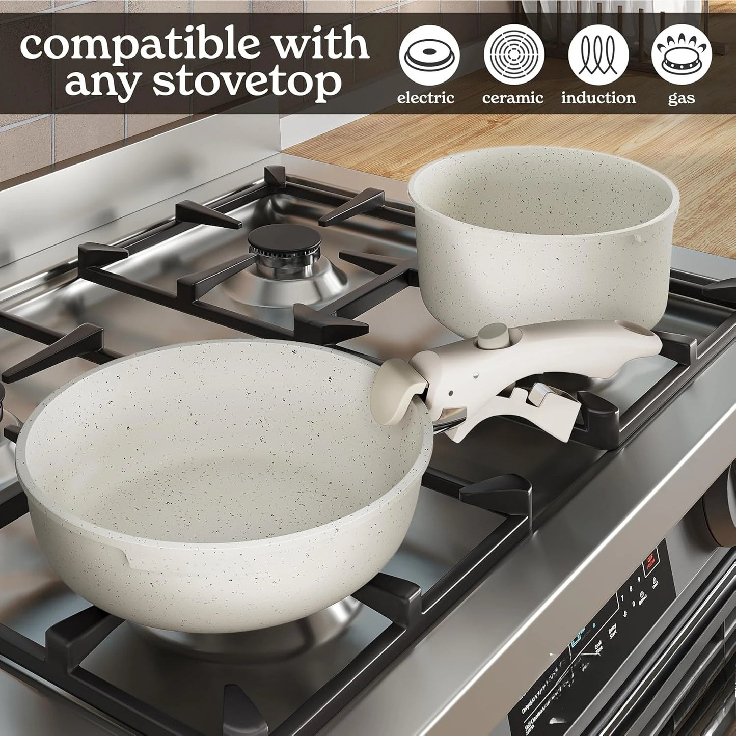 Cookware Set with Removable Handle, Oven & RV Safe Pots and Pans Set, Cream, Original