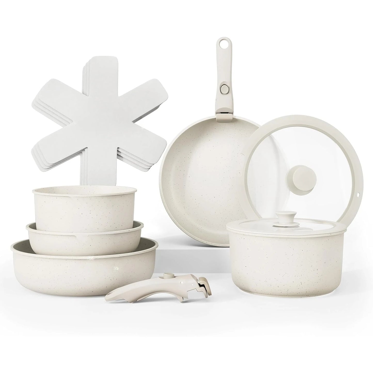 Cookware Set with Removable Handle, Oven & RV Safe Pots and Pans Set, Cream, Original