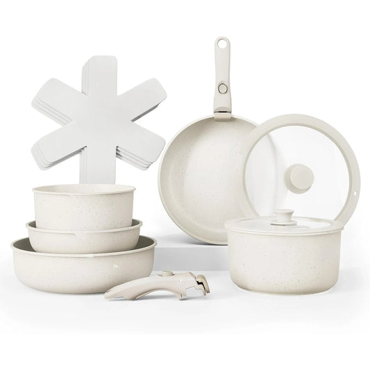 Cookware Set with Removable Handle, Oven & RV Safe Pots and Pans Set, Cream, Original