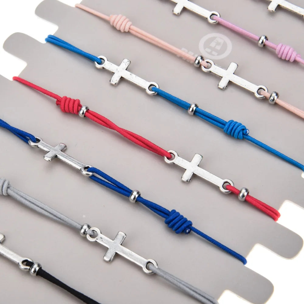 12 PCS New Alloy Cross Elastic Bracelets For Women and Men's Fashionable And Simple Adjustable Rubber Rope Bracelet Set