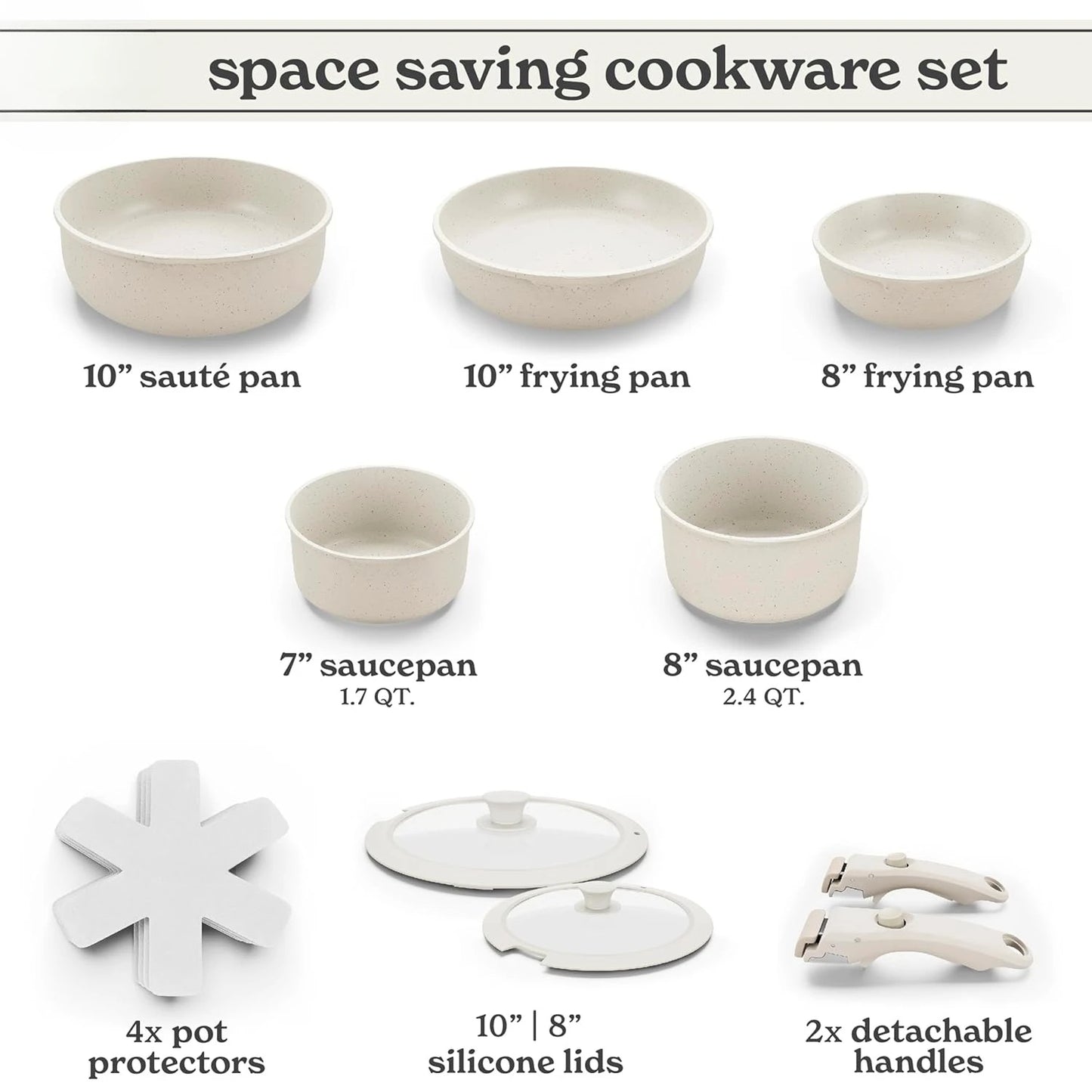 Cookware Set with Removable Handle, Oven & RV Safe Pots and Pans Set, Cream, Original