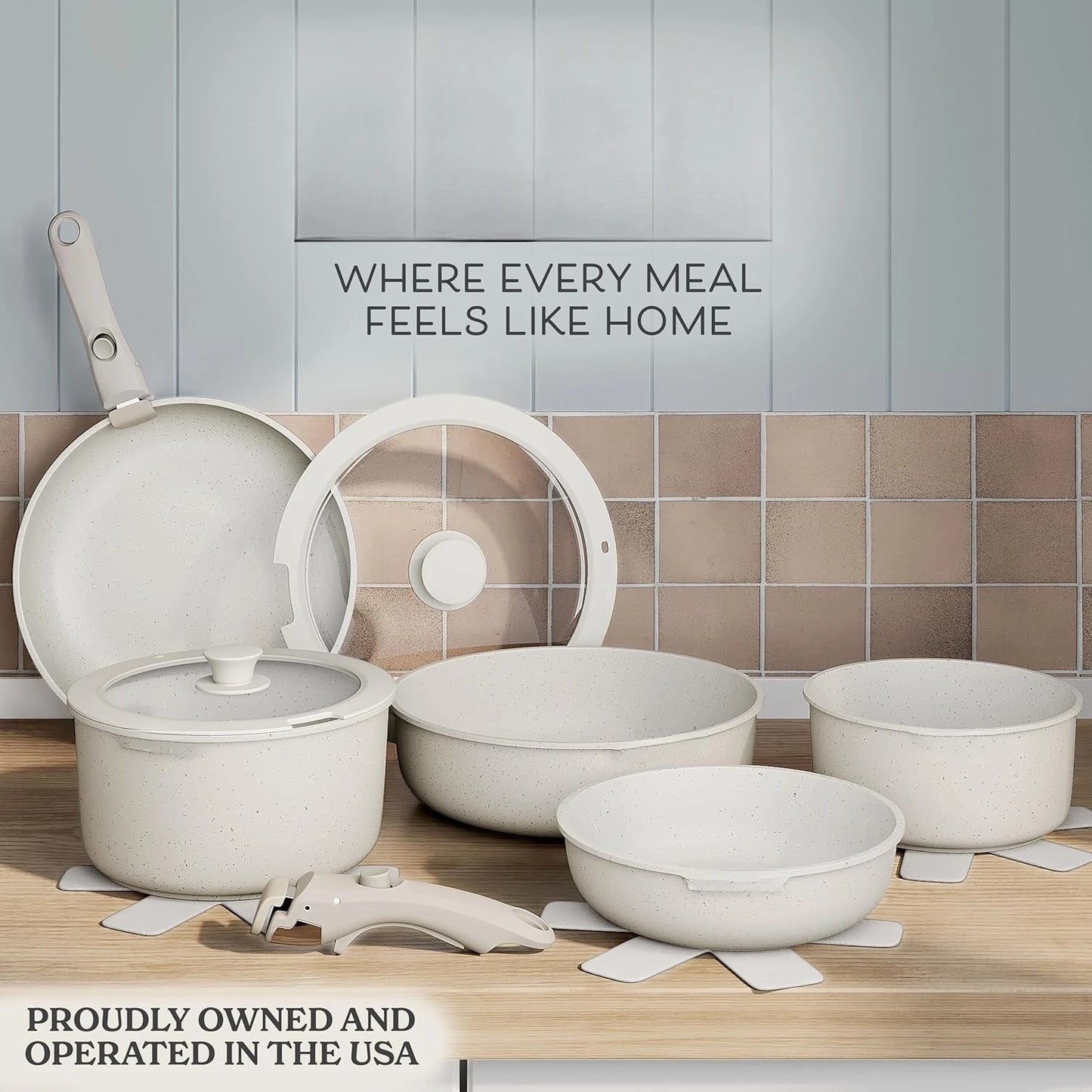 Cookware Set with Removable Handle, Oven & RV Safe Pots and Pans Set, Cream, Original