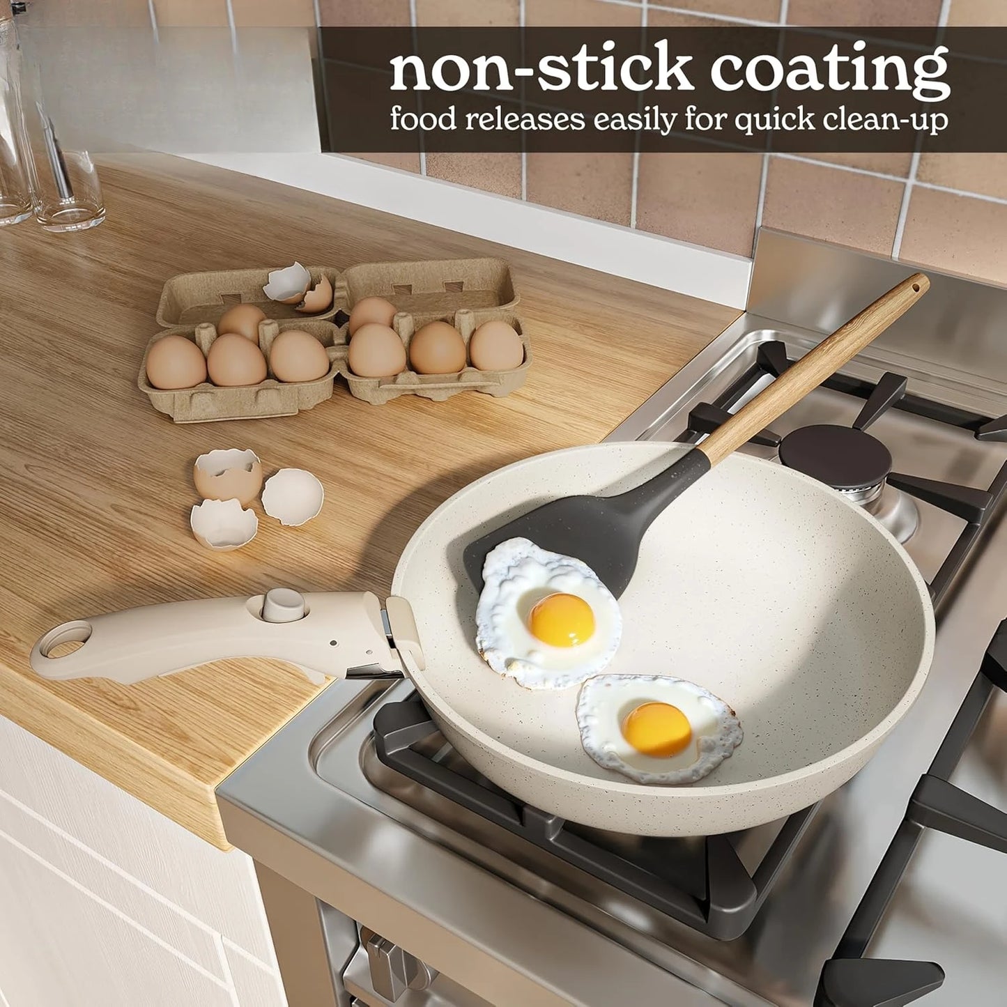Cookware Set with Removable Handle, Oven & RV Safe Pots and Pans Set, Cream, Original
