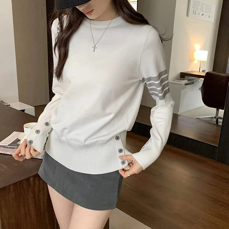 Women's Knitted Top 2024 Autumn/Winter New Style Sleeve Opening Waist-Fitted Loose-Fit T-Shirt Glue Fiber Material