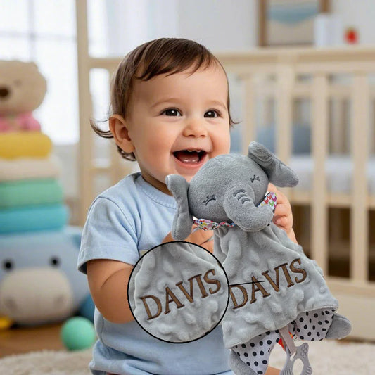 Personalised Organic Cotton Baby Elephant Security Blanket With Silicone Teether
