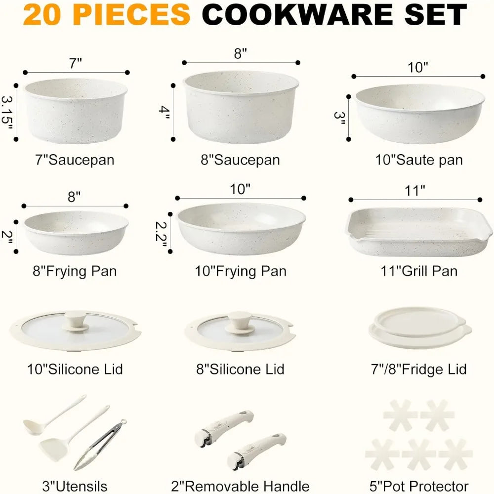 20 Pcs Ceramic Cookware Set Non Stick Frying Pots and Pans Set Non Toixic Cookware-PFAS/PFOA/PTFE Free, with Removable Handle for