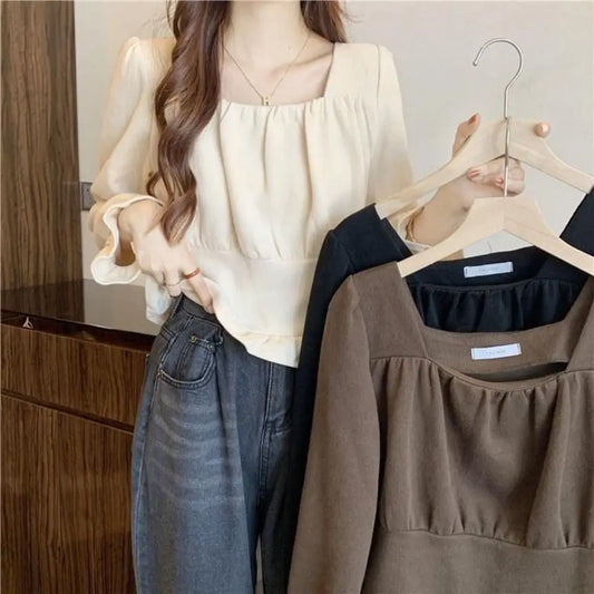 Women's Elegant Everyday Long Sleeve Shirts | Square Neck, Pleated Loose Fit | Minimalist Feminine Romantic Autumn Holiday Casual Daily Look