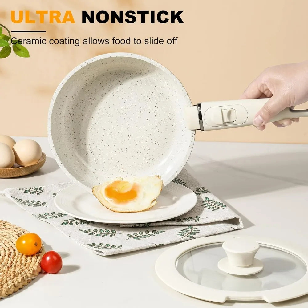 20 Pcs Ceramic Cookware Set Non Stick Frying Pots and Pans Set Non Toixic Cookware-PFAS/PFOA/PTFE Free, with Removable Handle for