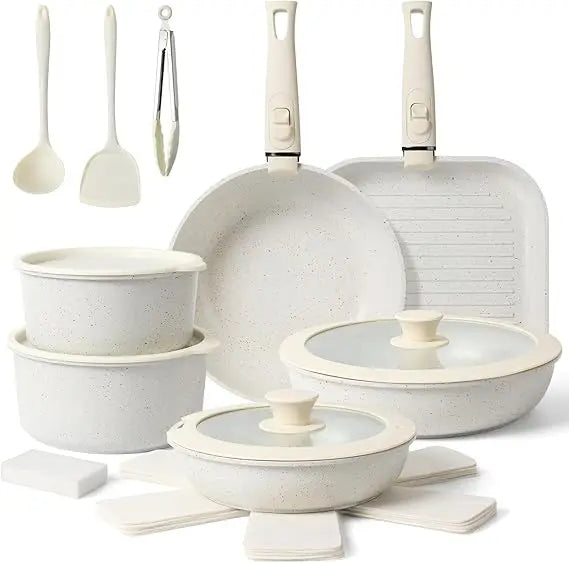 20 Pcs Ceramic Cookware Set Non Stick Frying Pots and Pans Set Non Toixic Cookware-PFAS/PFOA/PTFE Free, with Removable Handle for