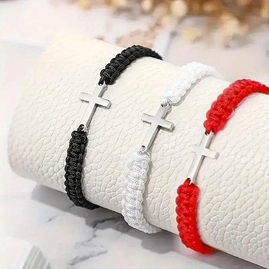 2024 Fashion Couple Friendship Cross Bracelet Women Men Stainless Steel Cross Hand Rope Personalized Jewelry Set Graduation Gift
