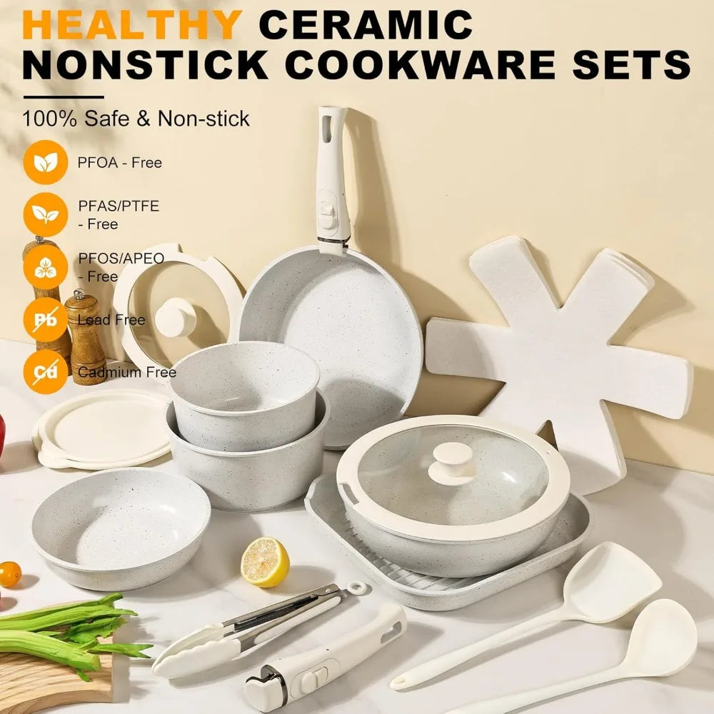 20 Pcs Ceramic Cookware Set Non Stick Frying Pots and Pans Set Non Toixic Cookware-PFAS/PFOA/PTFE Free, with Removable Handle for