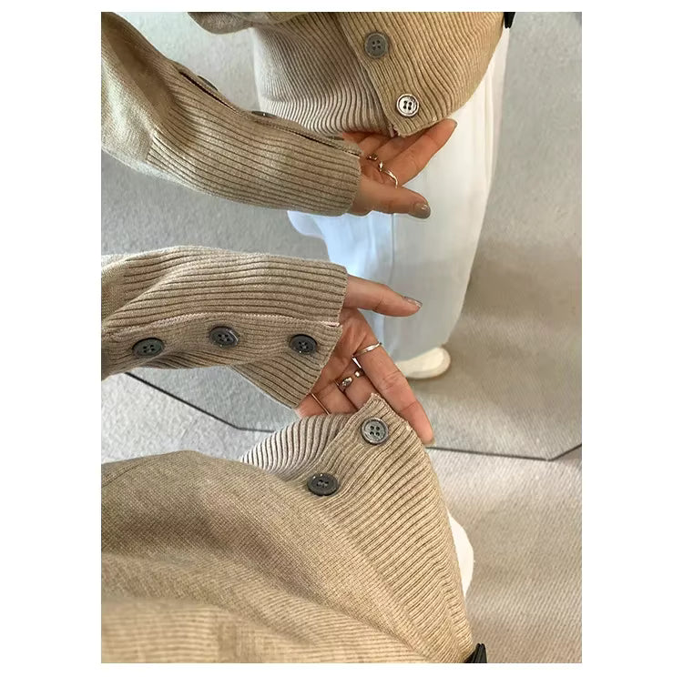 2025 Women's Daily Knitted Crew Neck Waist-Fitted Loose-Fit Top With Signature Strips on Sleeve and Stylish Button Up Autumn/Winter Sweater