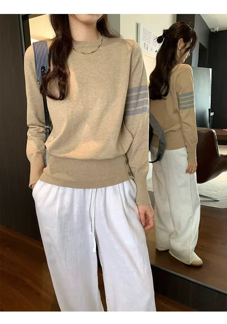 2025 Women's Daily Knitted Crew Neck Waist-Fitted Loose-Fit Top With Signature Strips on Sleeve and Stylish Button Up Autumn/Winter Sweater