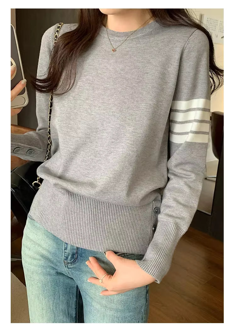 2025 Women's Daily Knitted Crew Neck Waist-Fitted Loose-Fit Top With Signature Strips on Sleeve and Stylish Button Up Autumn/Winter Sweater