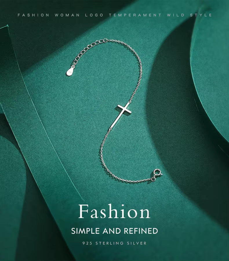 Sterling Silver Cross Bracelet – Adjustable Chain for Women | Classic Elegant Jewelry