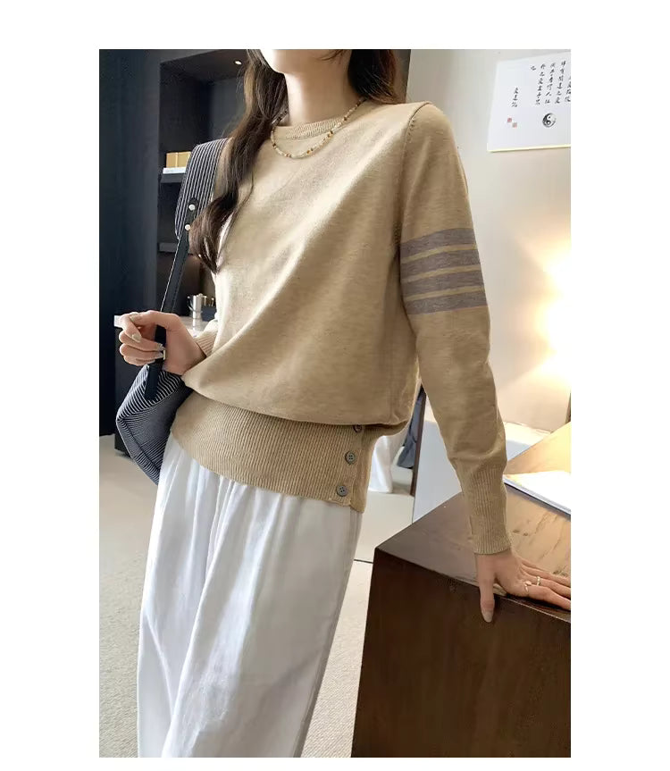 2025 Women's Daily Knitted Crew Neck Waist-Fitted Loose-Fit Top With Signature Strips on Sleeve and Stylish Button Up Autumn/Winter Sweater