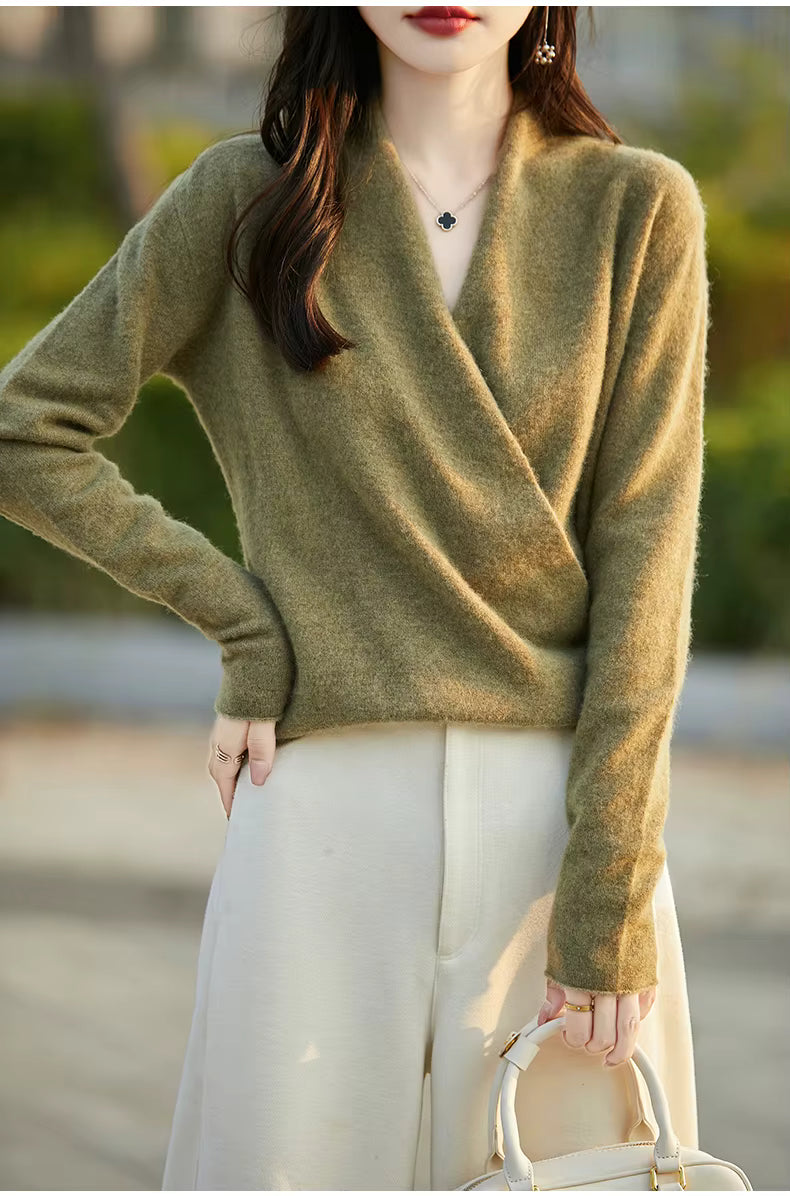 Elegant Women's Knitted Sweater 100% Merino Wool Thickened Top Loose Long Sleeve Clothing Warm For Autumn And Winter