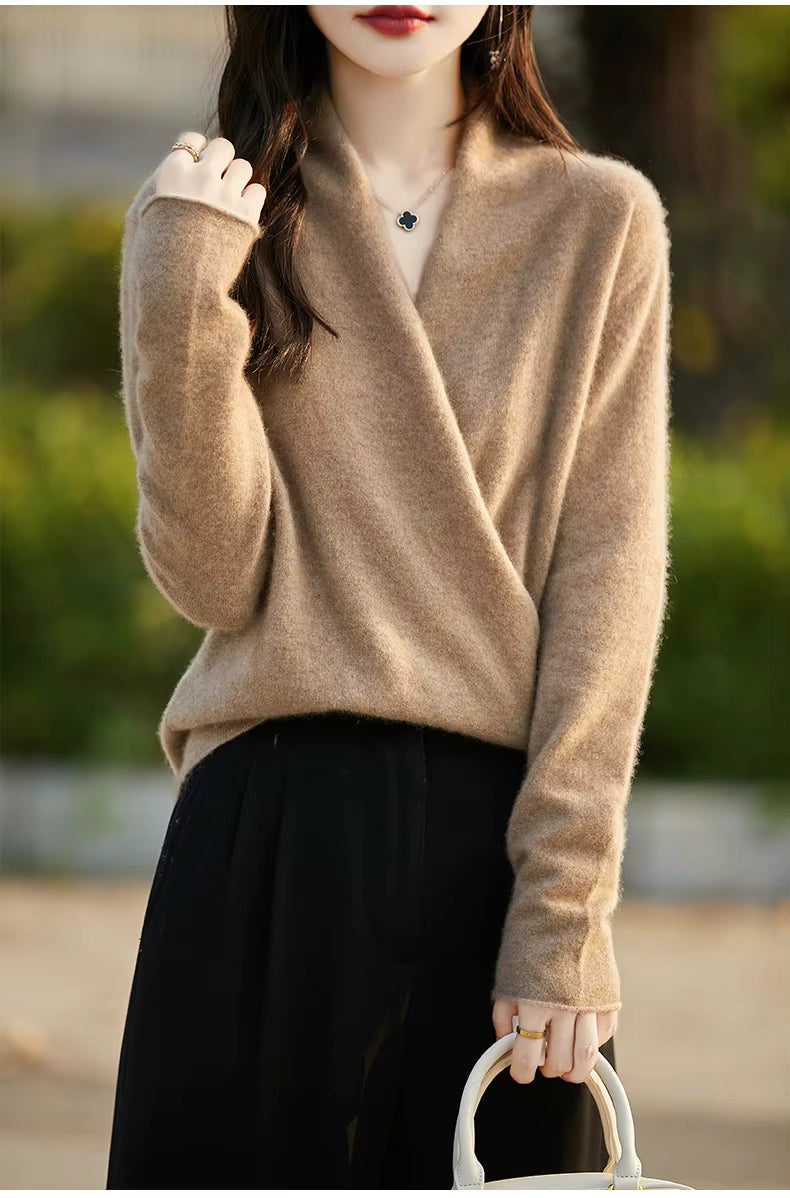 Elegant Women's Knitted Sweater 100% Merino Wool Thickened Top Loose Long Sleeve Clothing Warm For Autumn And Winter